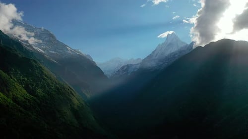 Scenic aerial drone view of a vast mountain valley in the Annapurna Range, Nepal