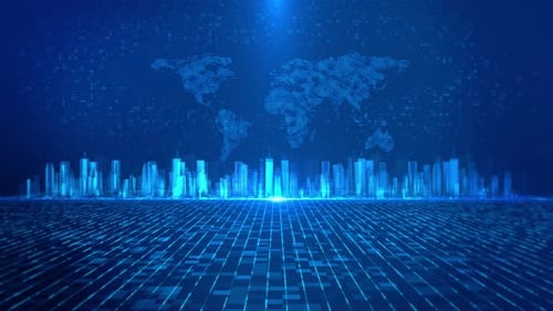 Futuristic Digital Grid with World Map and Abstract Cityscape