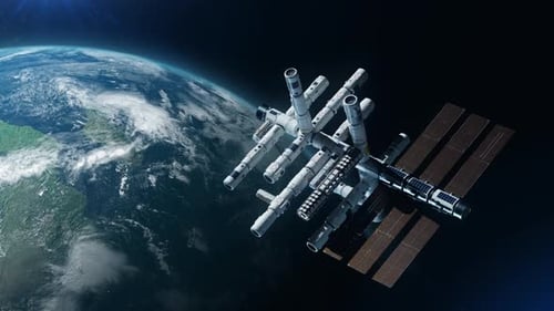 the space station in orbit of the earth. the concept of exploring the world and modern technology