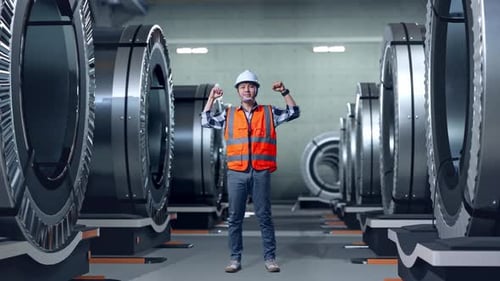 Full Body Of Asian Male Engineer Flexing His Bicep And Smiling To Camera In Metal Factory