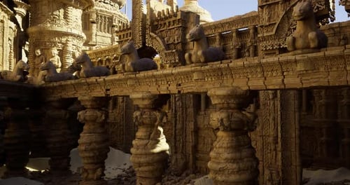 Architecture de temple antique avec des sculptures de chevaux sculptées au soleil