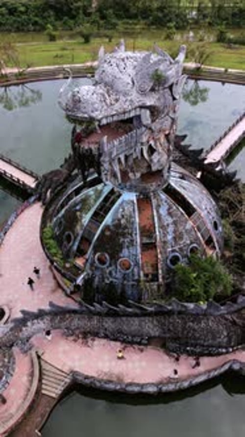 Aerial View of Iconic Dragon Structure at Abandoned Water Park in Hue Vietnam