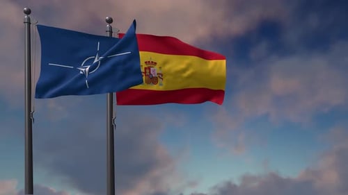 NATO and Spain Flags Waving Together in Realistic 3D Animation