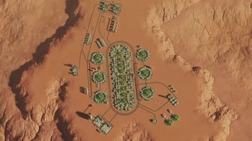 Scientific research settlement on the planet Mars. Large city of residential modules