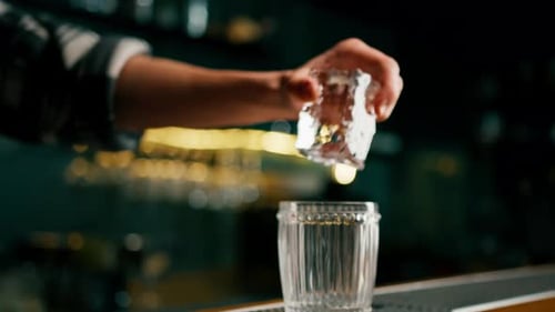 the bartender effectively puts an ice cube in a glass at the bar The initial stage making cocktail