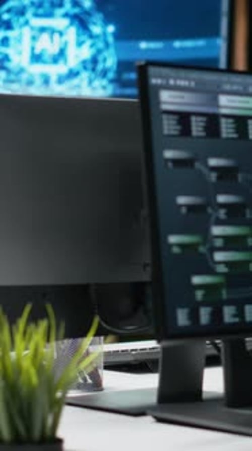 Vertical Video Screen in Empty IT Company Office Showing Artificial Intelligence Model
