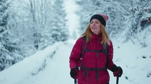 Young Woman with Backpack Walk Alone in the Winter Mountains in Forest Road with Trekking Poles