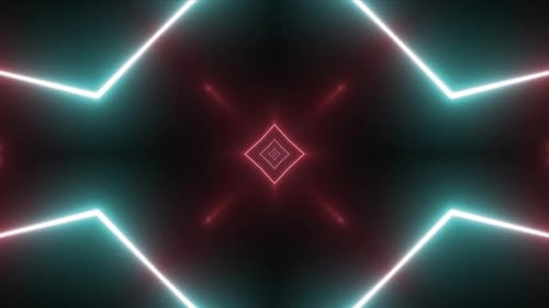 Tunnel géométrique abstrait en néon avec effets de lumière rouge et bleu sarcelle