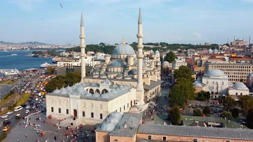 Drone view of Eminonu Yeni Cami district of Istanbul in Turkey or New Mosque.