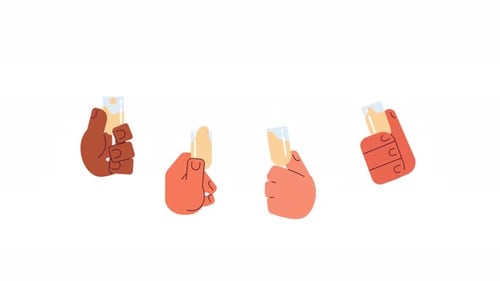 Diverses mains soulevant des verres à vin mousseux dans une animation 2D de célébration