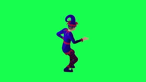 Beautiful young clown dancing in blue and red dress left angle green screen
