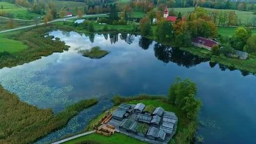 Araisi lake dwelling archeological park, aerial drone view