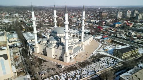 Imam Sarahsi Bishkek Central Mosque, drone long fly around shot