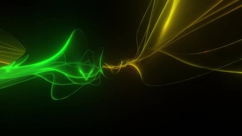 Ondes d'énergie abstraites vertes et jaunes vibrantes circulant sur fond sombre