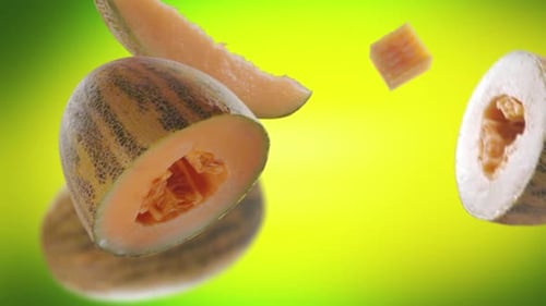 Flying Melon and Melons Slices in Lime Green Background