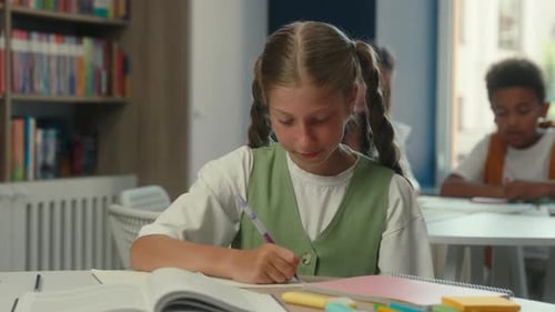 Smiling Happy Girl Teen Caucasian Kid Child Daughter in School Classroom Student Pupil Schoolgirl