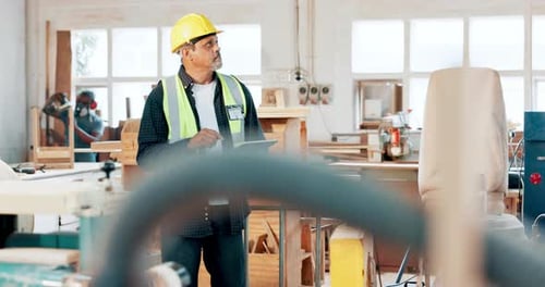 Construction, inspection and man with tablet in warehouse planning, building and research