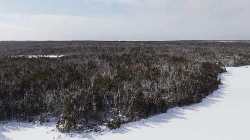 Aerial Shot Of Snowy Spruce Forest In Cold Mountain Landscape At Sunset