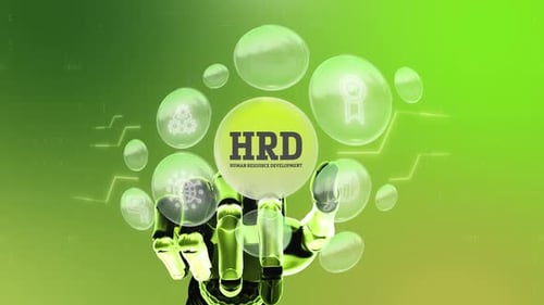 Robotic Hand Interacting with HRD Human Resource Development Concept Hologram