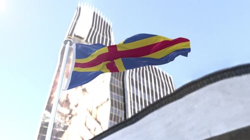 Realistic Flag Waving on Flagpole with Modern Skyscraper Background