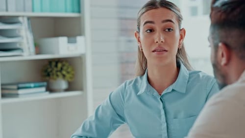 Businesswoman in serious talk, argument and fight with staff about poor work performance problem