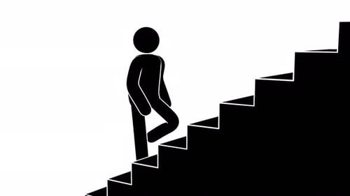 A pictogram man is ascending a staircase in an animated icon