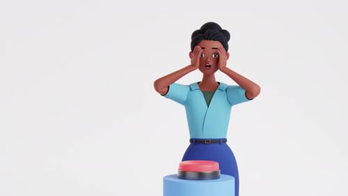 Woman pressing push button, red light flash. Emergency button and siren animation. 3d render