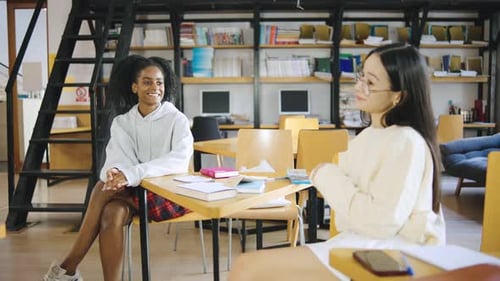 Dois estudantes multirraciais se envolveram em uma animada discussão enquanto estudavam em uma biblioteca moderna durante
