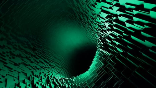 Green long corridor. Design. Fast moving computer graphics with a corridor without light inside.