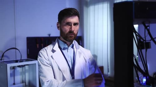 Serious Caucasian Young Man in Advanced Scientifi Lab Posing Confident to Camera Against Modern 3d