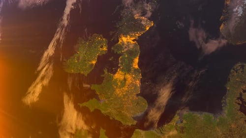 England From Space At Sunset. Uk From Space Orbit. Planet. Globe
