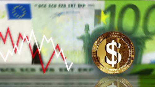 Dollar USD currency coin over 100 Euro banknotes loop