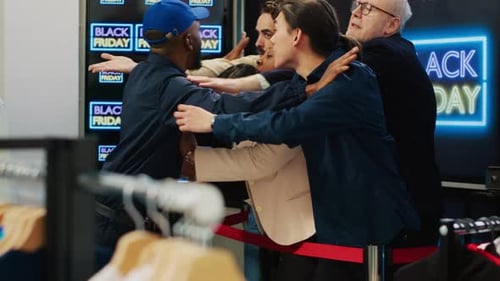 Crowd of Shoppers Pushing Past Security Guard