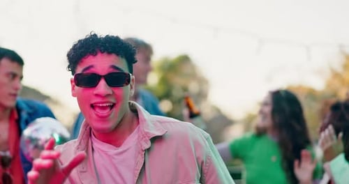 Music, dance or happy man with friends in forest for fun, freedom and festival