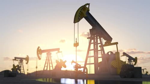 Working Oil Pump and Oil Barrels on Oil Production Field 3d Animation