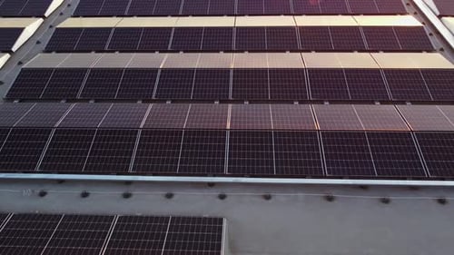 Rows of solar panels providing sustainable energy on commercial building roof at sunset
