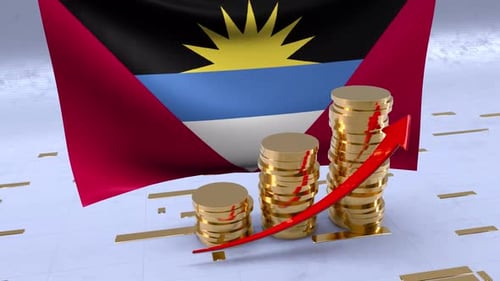 Antigua And Barbuda Flag With Gold Coins Tower And Up Arrow