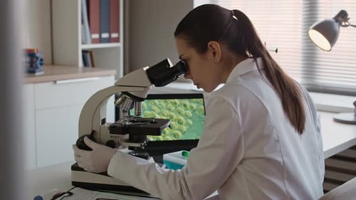 Microbiologist Using Microscope for Cell Research in Laboratory