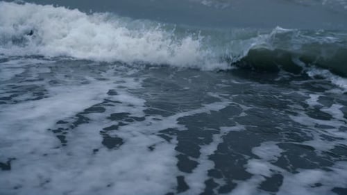 Storm Waves Crashing Sea Beach in Blue Weather Nature Background. Thunder Ocean