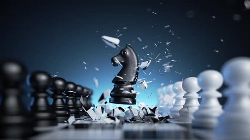 3D-Animation, Schachspiel, aggressiver Zug, schwarzes Pferd bremst durch das Schachbrett