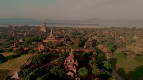 Bagan Myanmar Drone Aerial View Sunrise with Temples and Old Pagodas at the Historical UNESCO Site