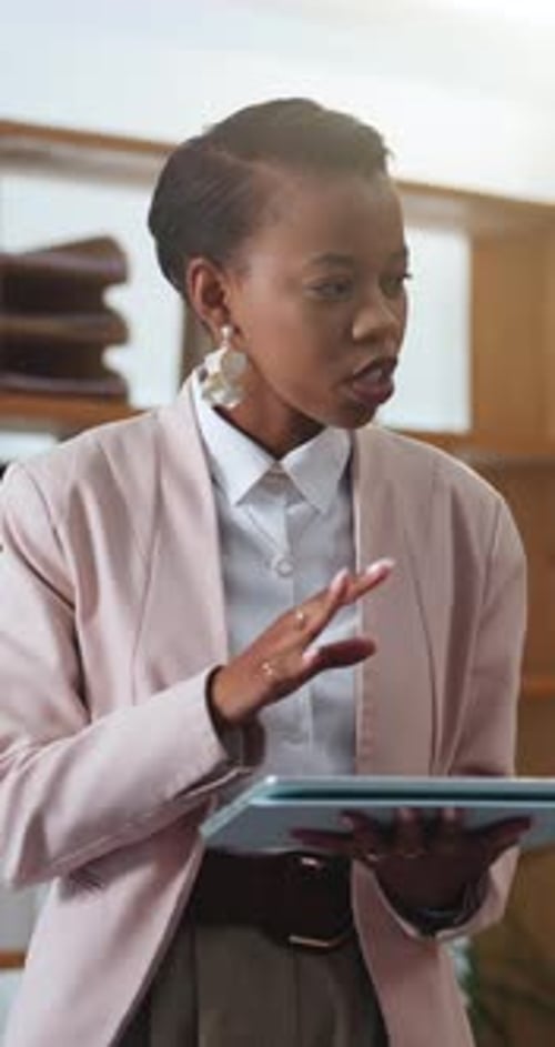 Business, talking or black woman with tablet for presentation in office, insurance proposal or idea