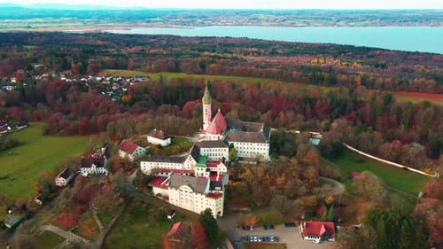 Aerial view of Andechs Abbey with autumn trees, Germany.