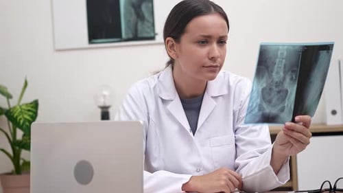 Female Doctor Examines X-Ray in Medical Office