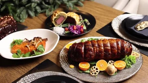 Elegant Food Display of Gourmet Dishes and Dessert