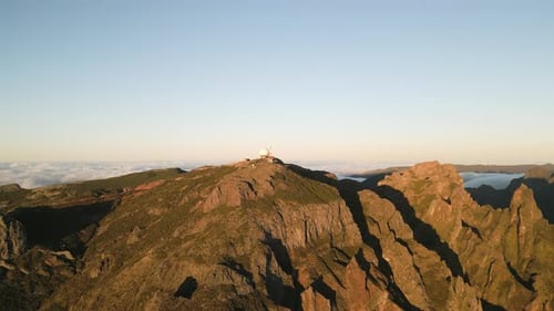 Observatory on mountain peak on Madeira, Portugal on sunny day, aerial view