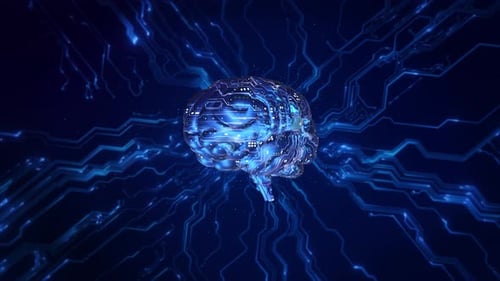 Digital Brain with Glowing Circuitry and Data Flow Animation