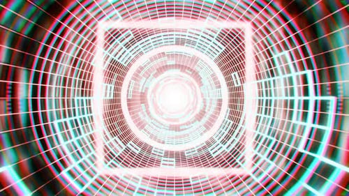 Flying through glowing neon lighting tunnel with geometric shapes and circles