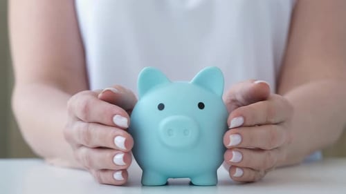 Woman Protects Blue Piggy Bank By Hands Savings Security and Deposit Insurance