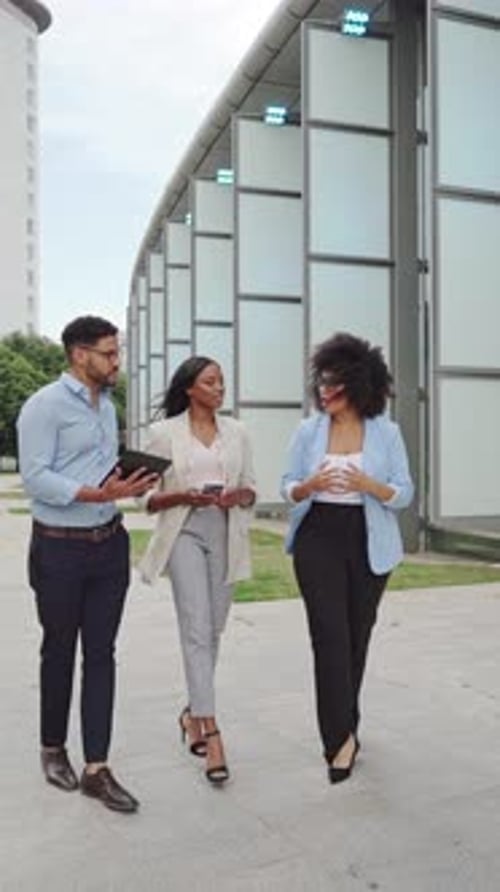 Vertical slow motion video of multiracial Business people walking and talking outside office